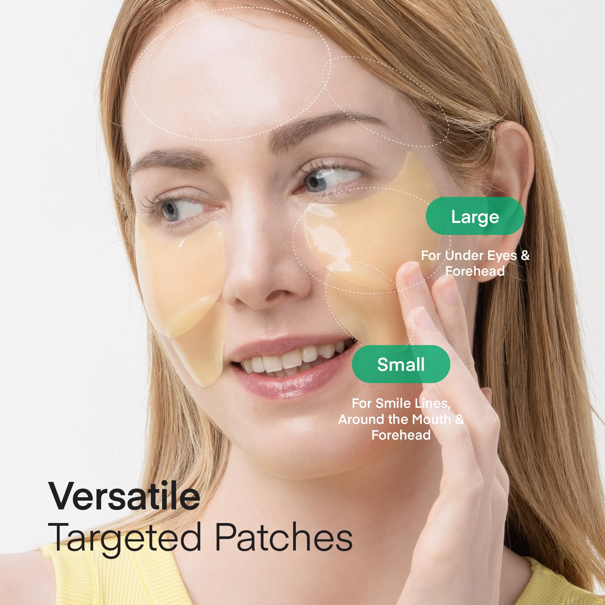 TEREZ & HONOR Vitamin C Eye Patches multi-area fit shown for under-eye, forehead, and smile lines