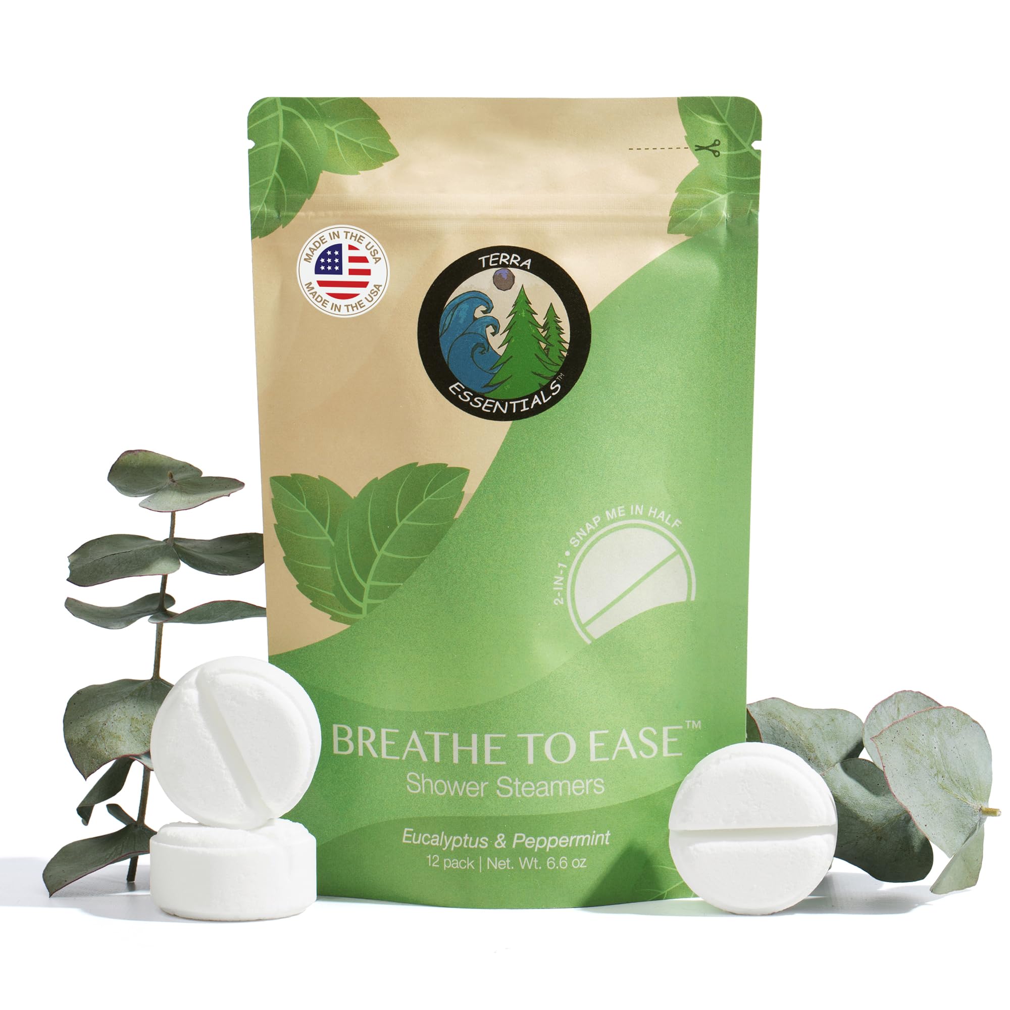 Terra Essentials eucalyptus shower steamers pack highlighting natural aromatherapy for refreshment.
