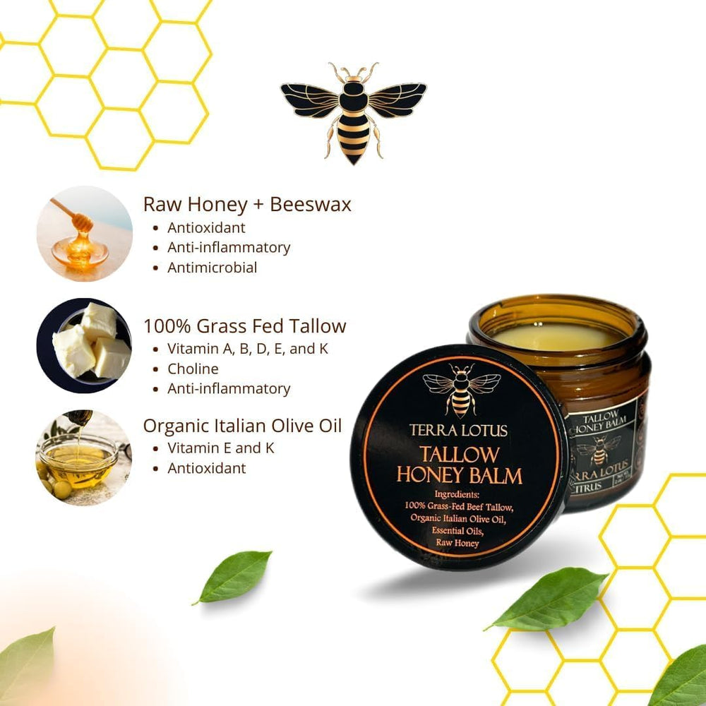 Terra Lotus Honey Tallow Balm being applied to the hand for moisture.
