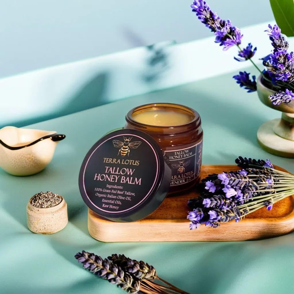 Terra Lotus Honey Tallow Balm ingredients closeup shows olive oil and honey.