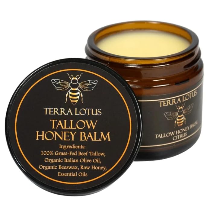 Terra Lotus Honey Tallow Balm jar close-up for deep hydration.