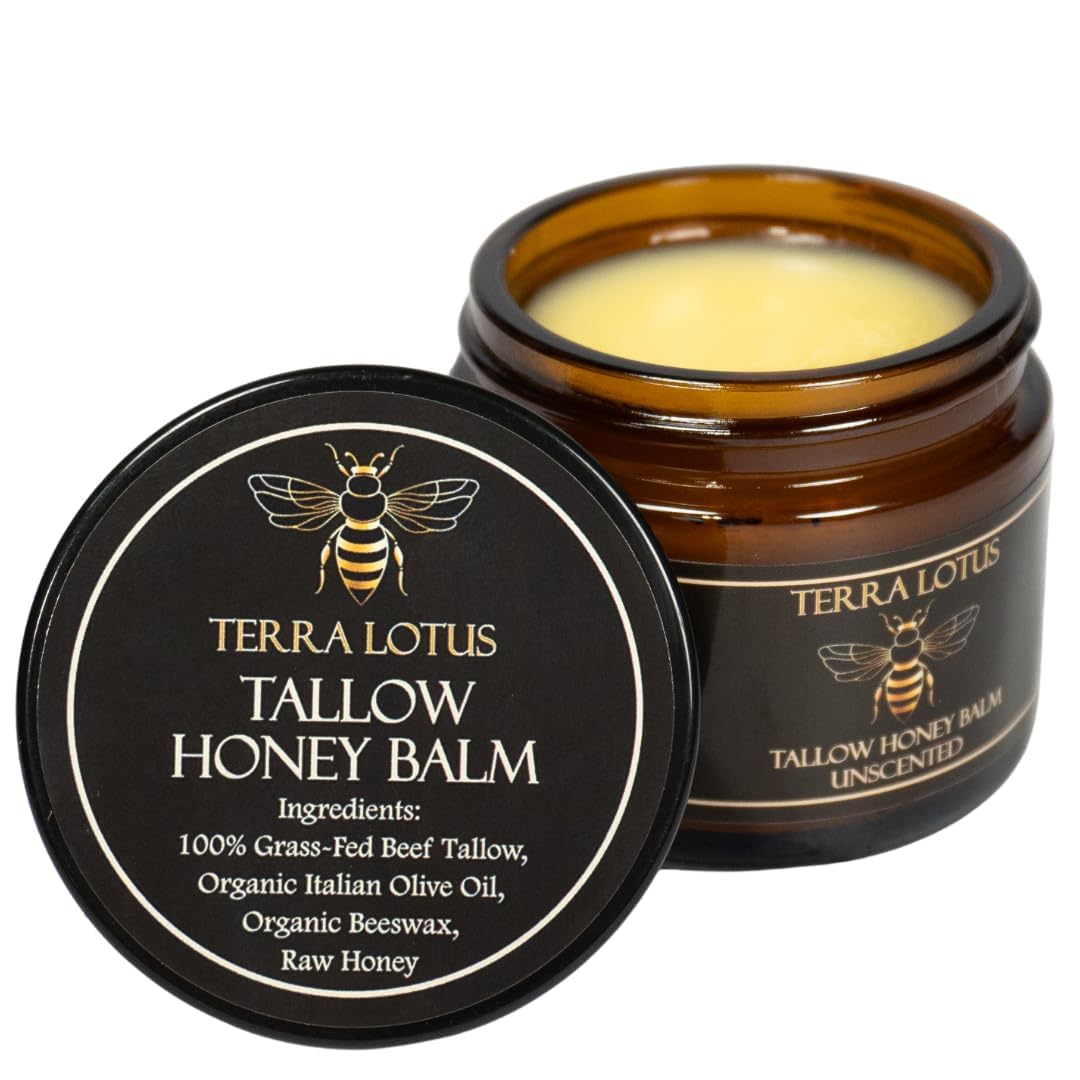 Terra Lotus Honey Tallow Balm jar shown, rich skin moisture possible.