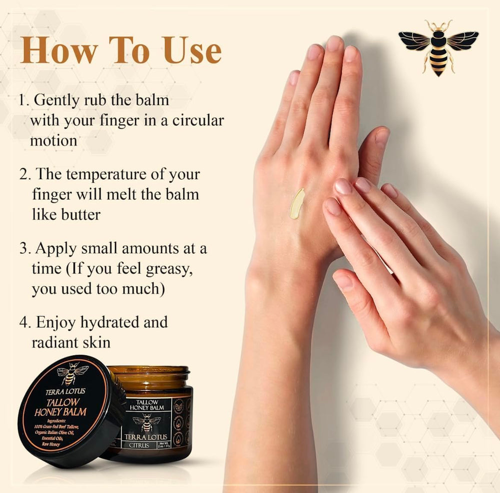 Terra Lotus Honey Tallow Balm on skin for a soft, smooth finish.