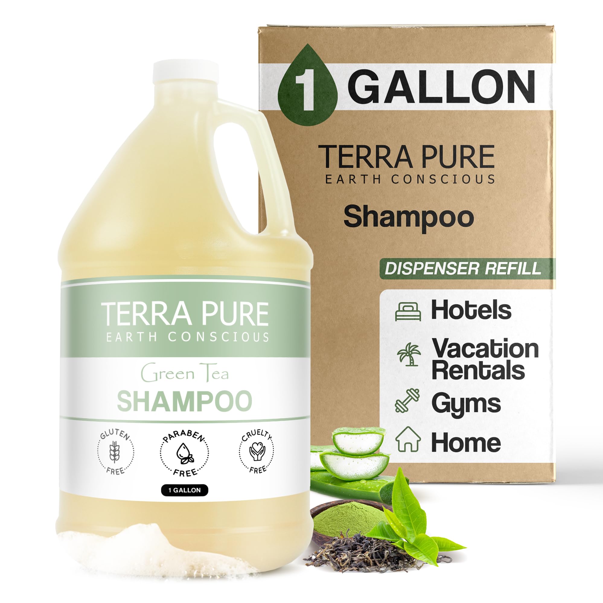 Terra Pure Hotel Shampoo 1gal bottle for guest rooms and easy dispenser refills.