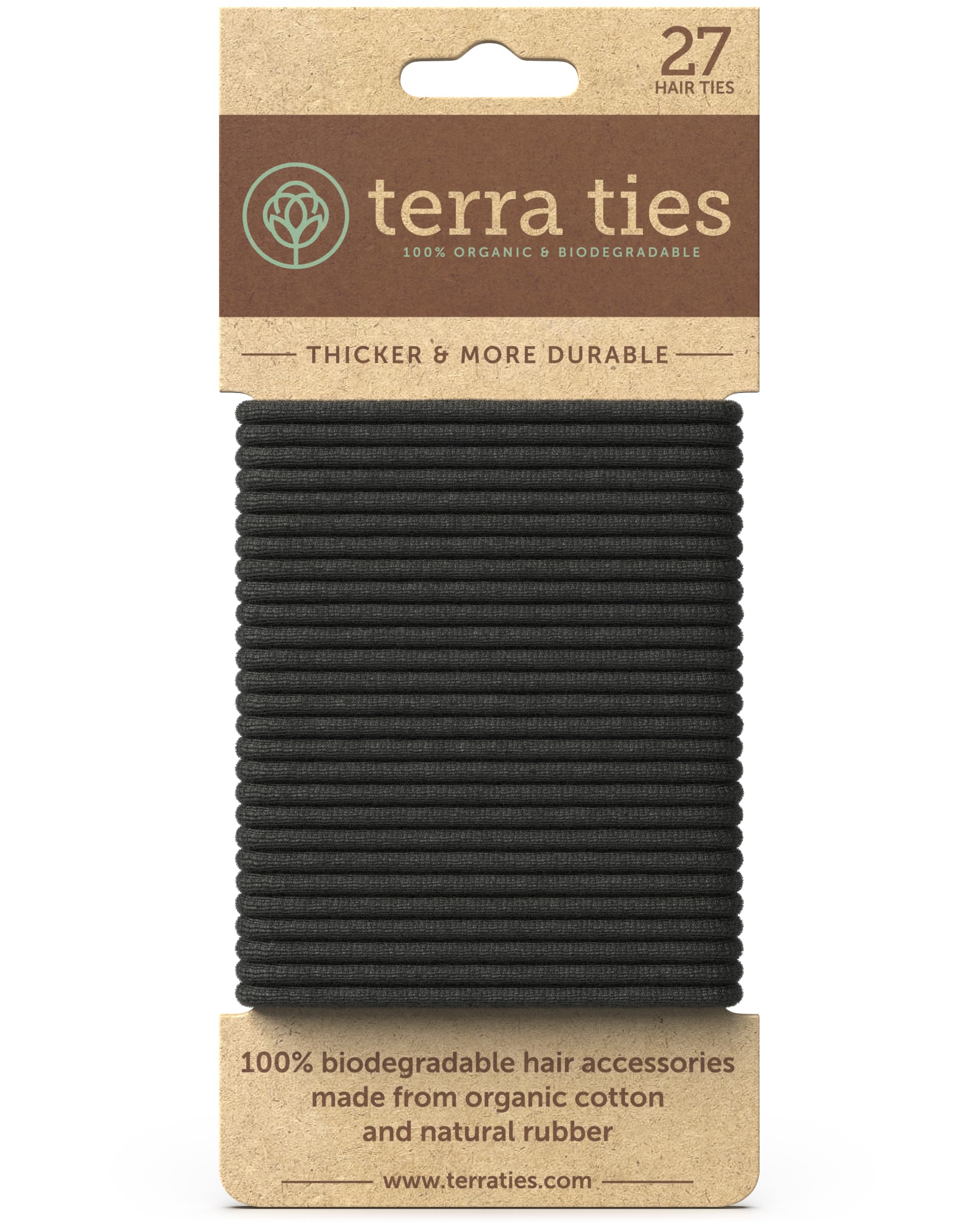 Terra Ties biodegradable elastic hair tie in black for ponytails with crease-free wear.