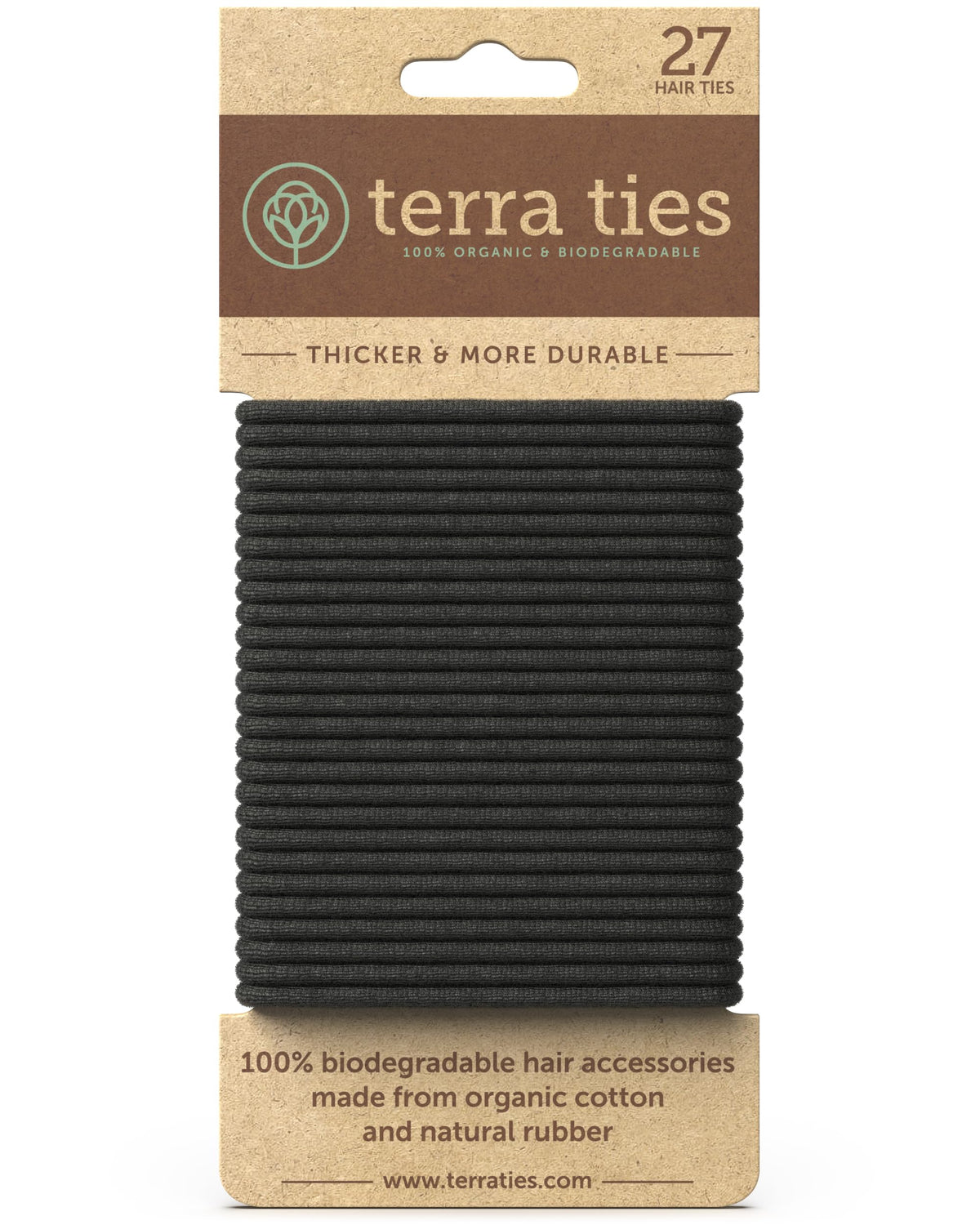 Terra Ties biodegradable elastic hair tie in black for ponytails with crease-free wear.