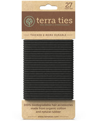 Terra Ties biodegradable elastic hair tie in black for ponytails with crease-free wear.