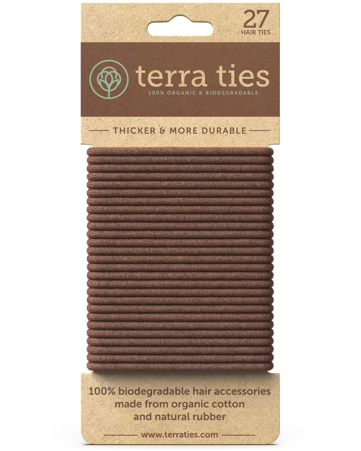 Terra Ties biodegradable elastic hair ties 27-count provide durable, crease-free hold for versatile hairstyles.