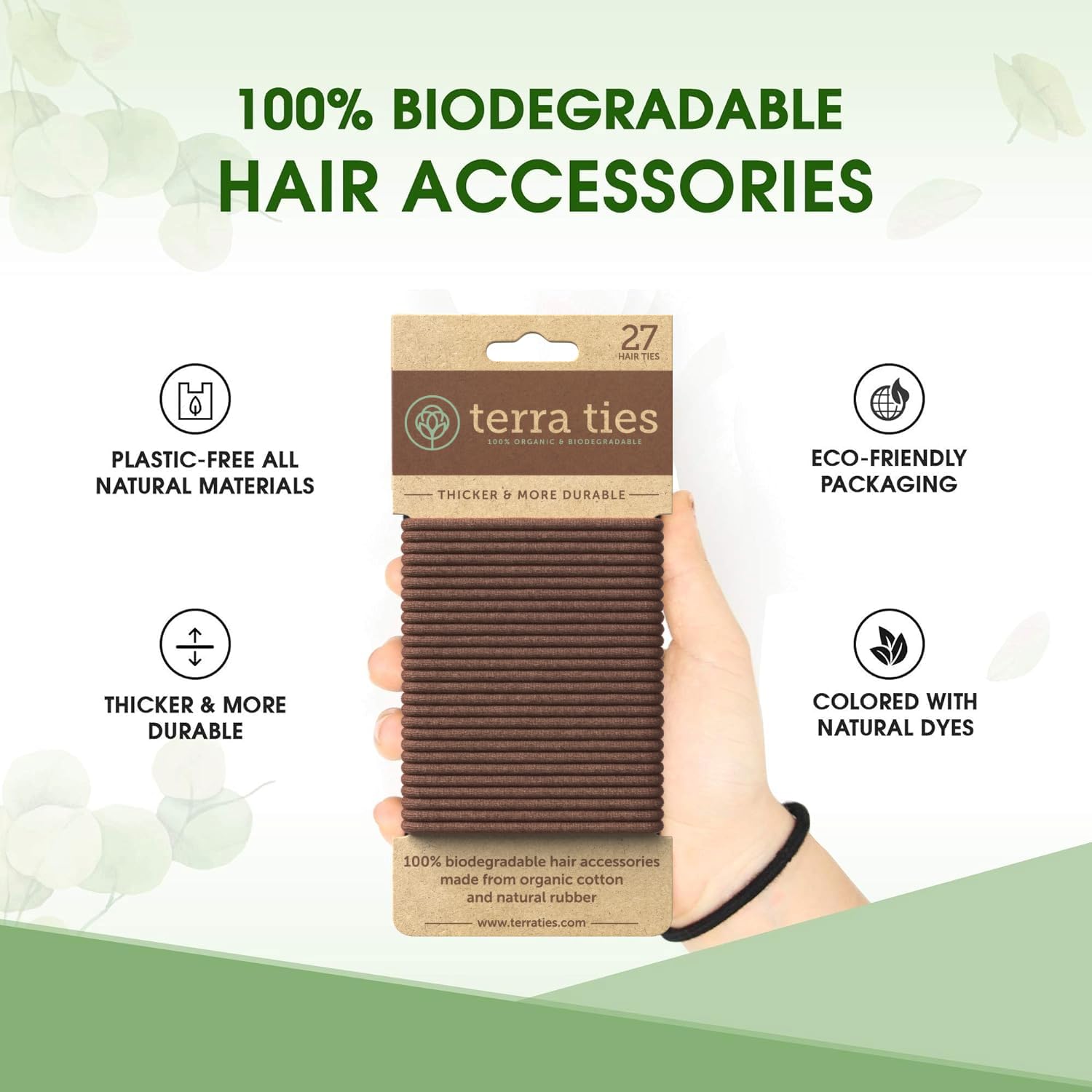 Terra Ties ponytail closeup demonstrates multiuse across genders for ponytails, buns, and braids.