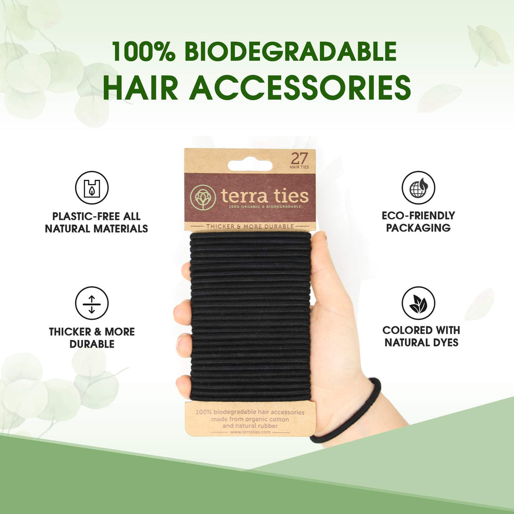 Terra Ties strong-hold no-pull hair tie in black for volume-rich hair.