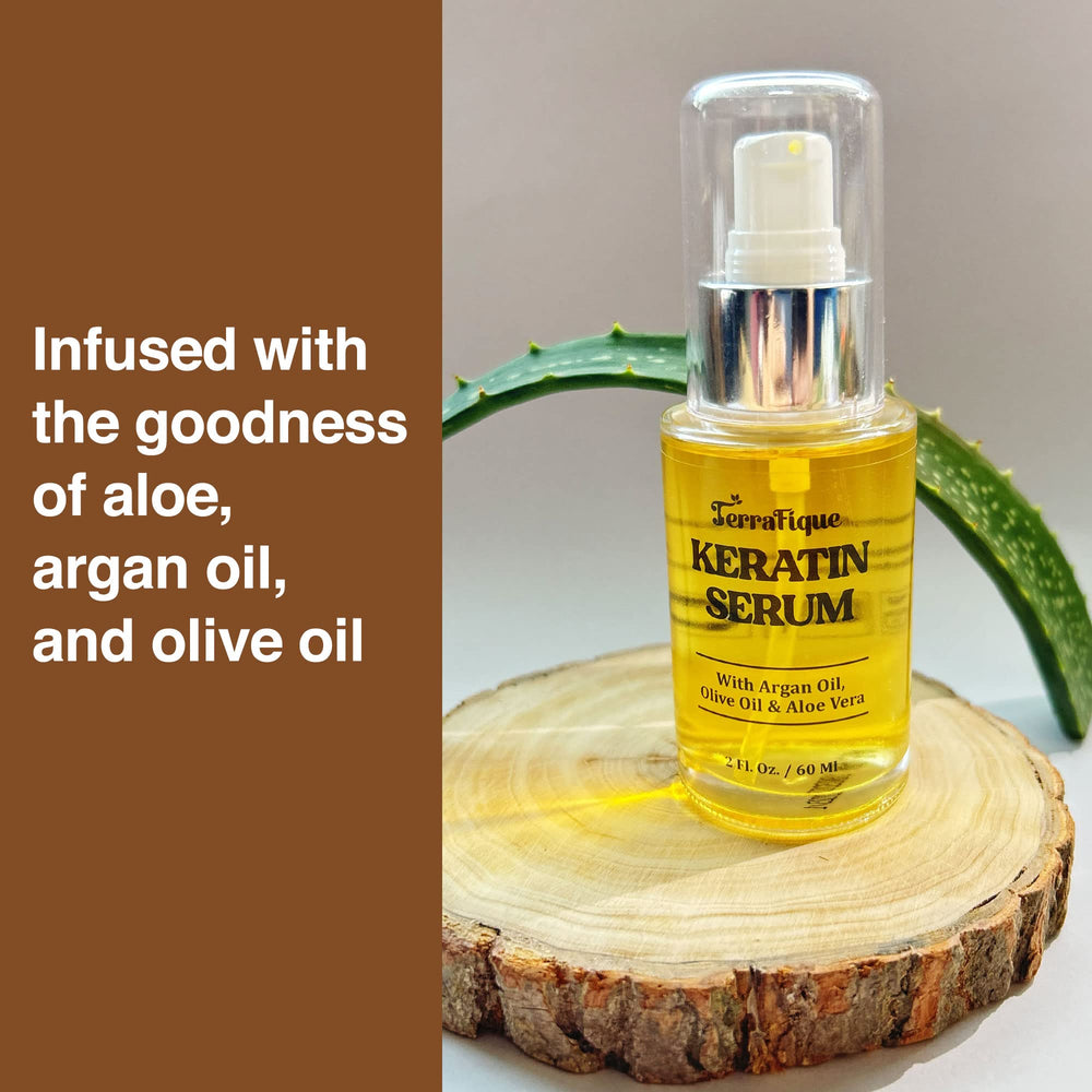 TERRAFIQUE keratin leave-in application closeup on strands