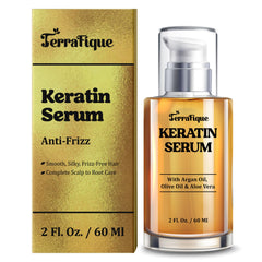 TERRAFIQUE keratin serum bottle closeup showing shine and frizz control