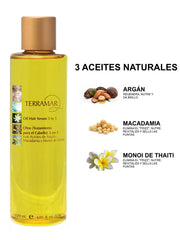 Terramar Oleo Macadamia oil ingredients close-up highlights frizz control and hydration.