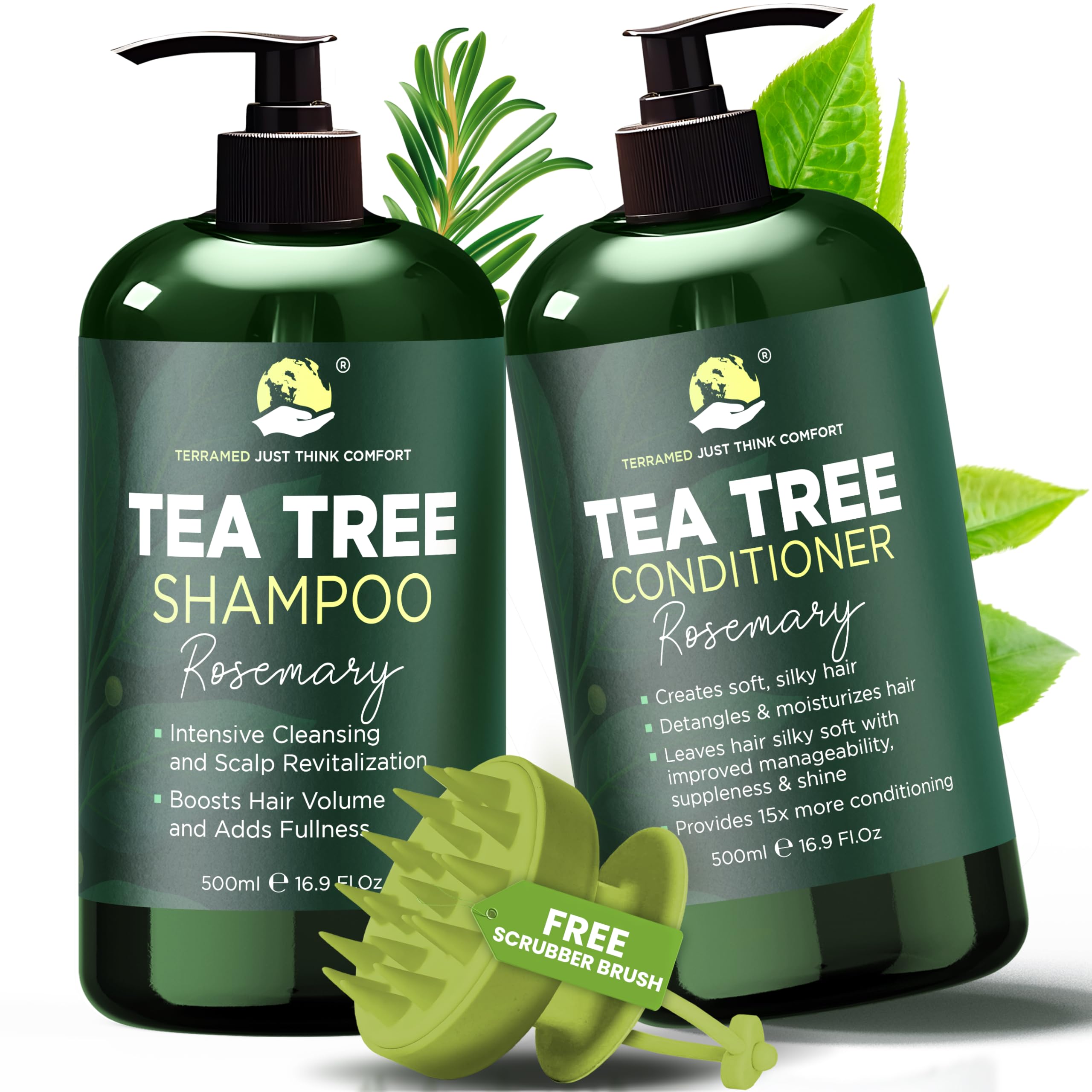 Terramed Just Think Comfort rosemary shampoo bottle promotes soothing scalp relief and shine.