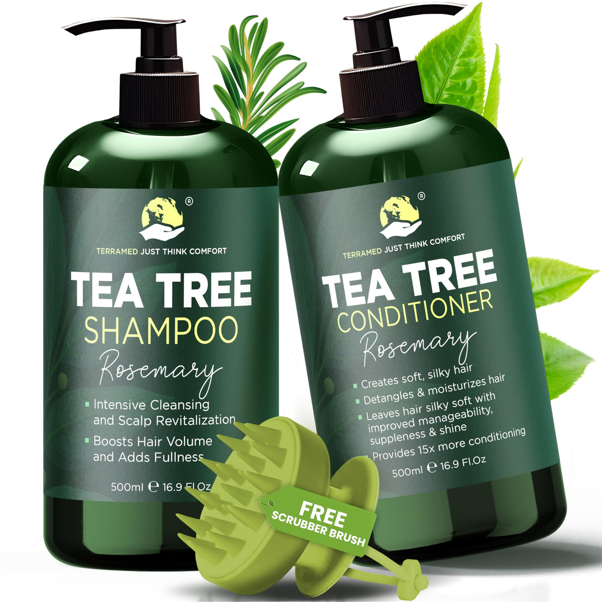 Terramed Just Think Comfort rosemary shampoo bottle promotes soothing scalp relief and shine.