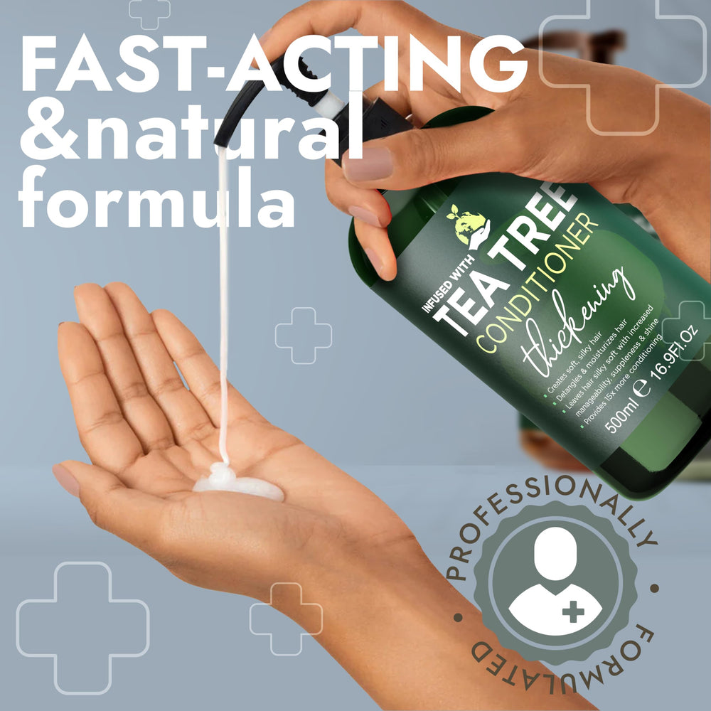Terramed Just Think Comfort Tea Tree Conditioner packaging showcases a complete hair care routine