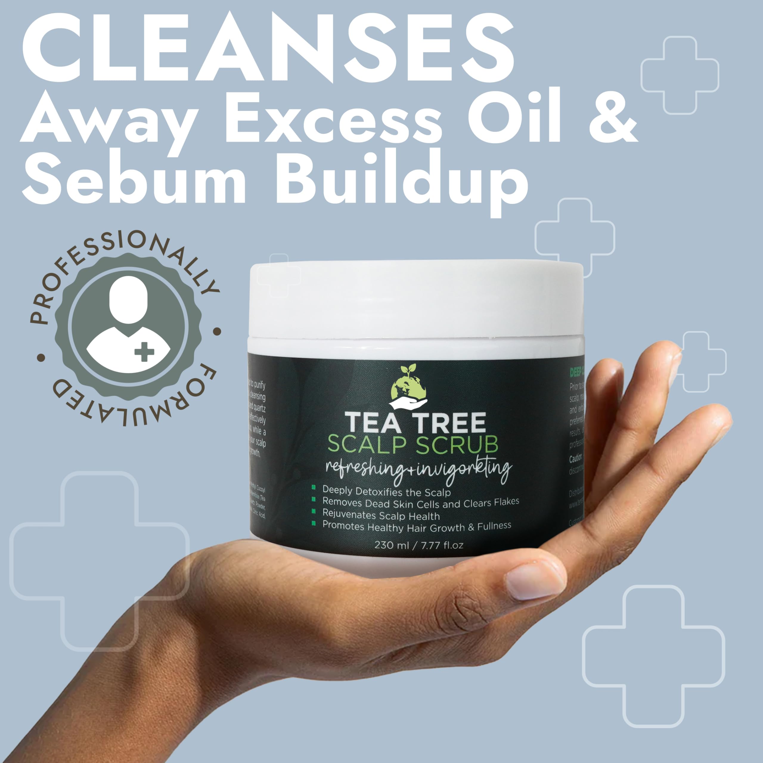 Terramed Just Think Comfort Tea Tree Scalp Scrub applied on scalp for gentle cleansing and relief