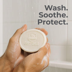 Terrasil Balanitis Soap bar closeup emphasizes creamy lather for sensitive skin.