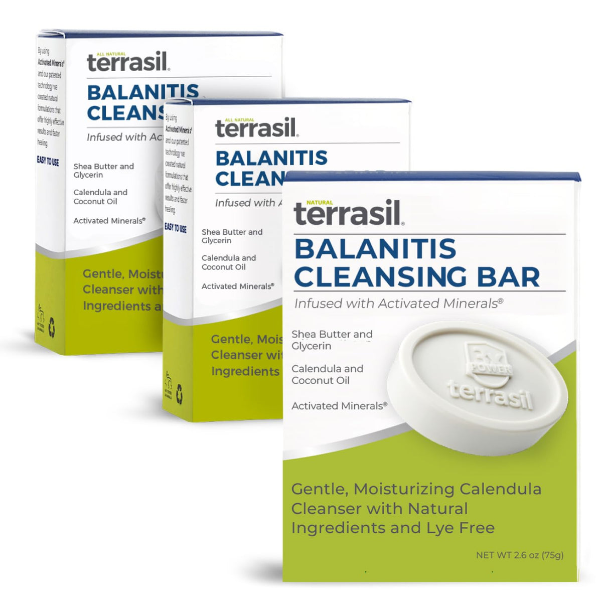 Terrasil Balanitis Soap for Men packaging showcases daily care and discreet use.