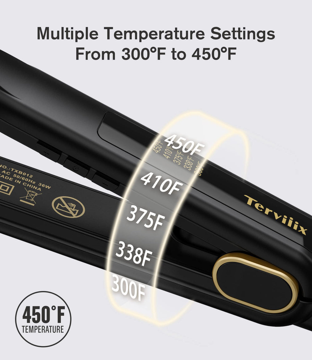 Terviiix travel-friendly dual-voltage flat iron fits luggage for on-the-go touch-ups.
