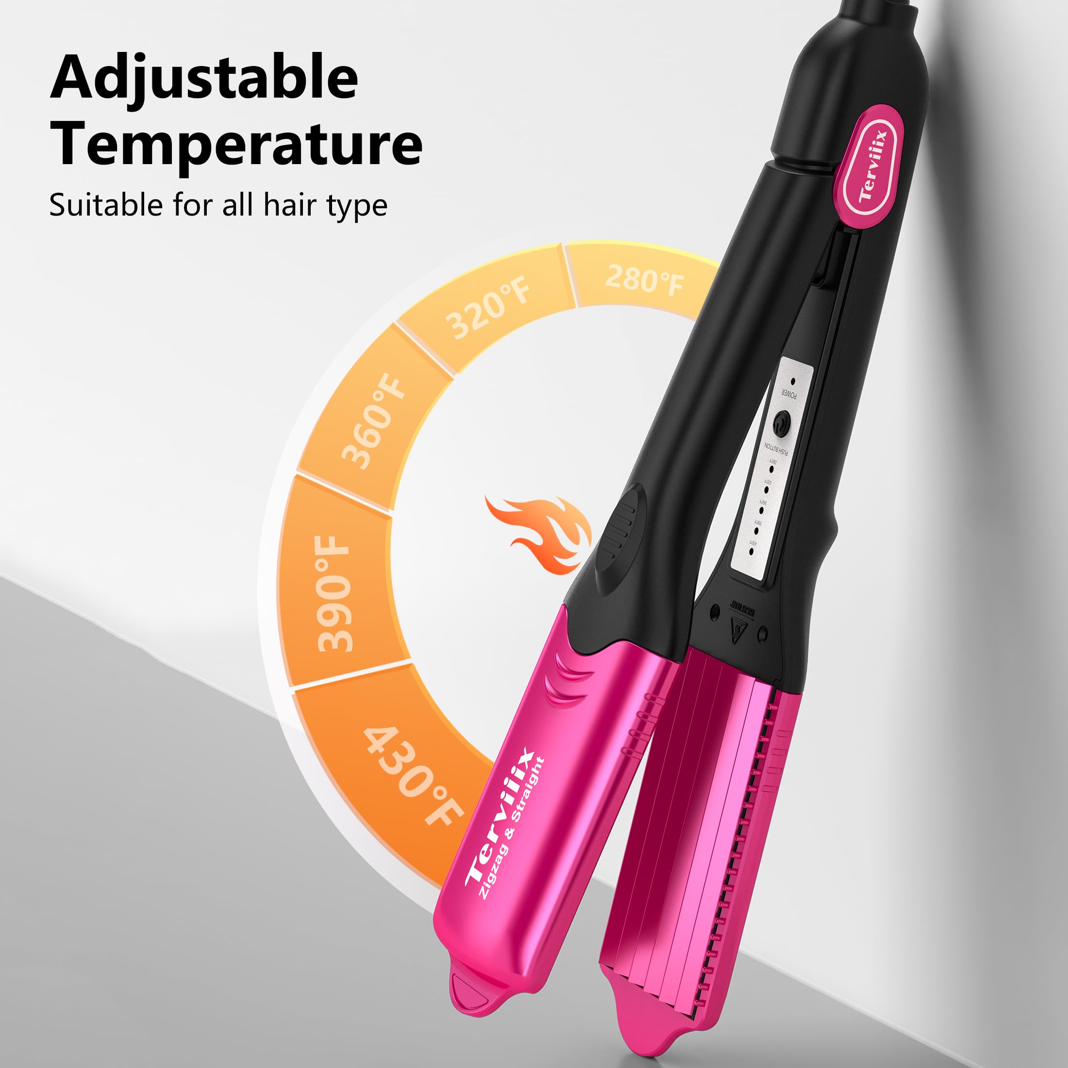 Terviiix crimper heat settings display highlights five temperatures for customizable styling.