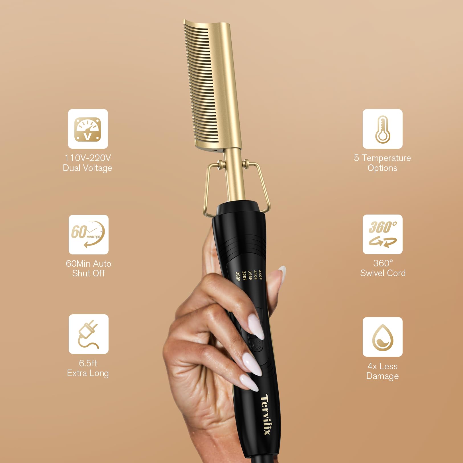 Terviiix hot comb features a 6.5ft swivel cord and ergonomic handle for comfort.