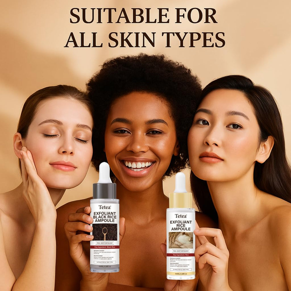 Tetea Black Rice Ampoule – pore refinement focus in clear bottle image.