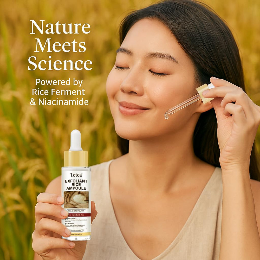 Tetea White Rice Ampoule close-up illustrates brightening daily exfoliation for all skin types.