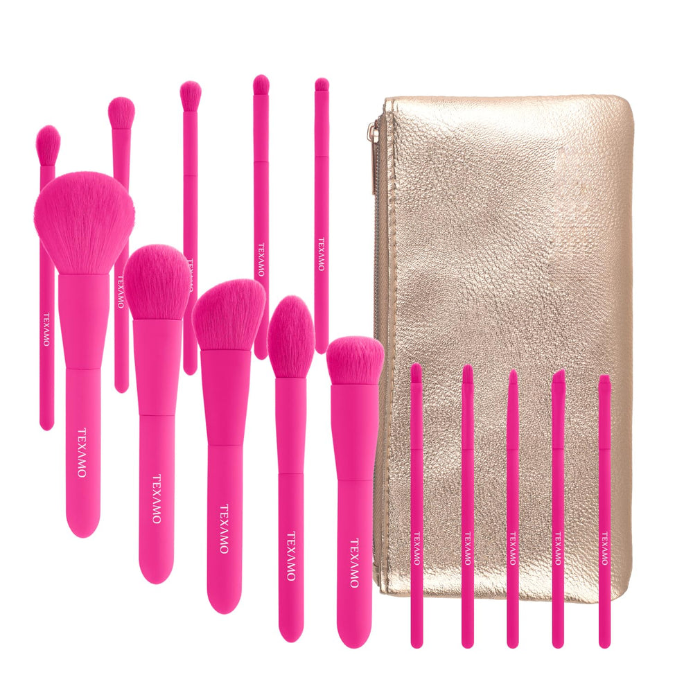 TEXAMO brush collection on vanity demonstrating versatile makeup routines and style.
