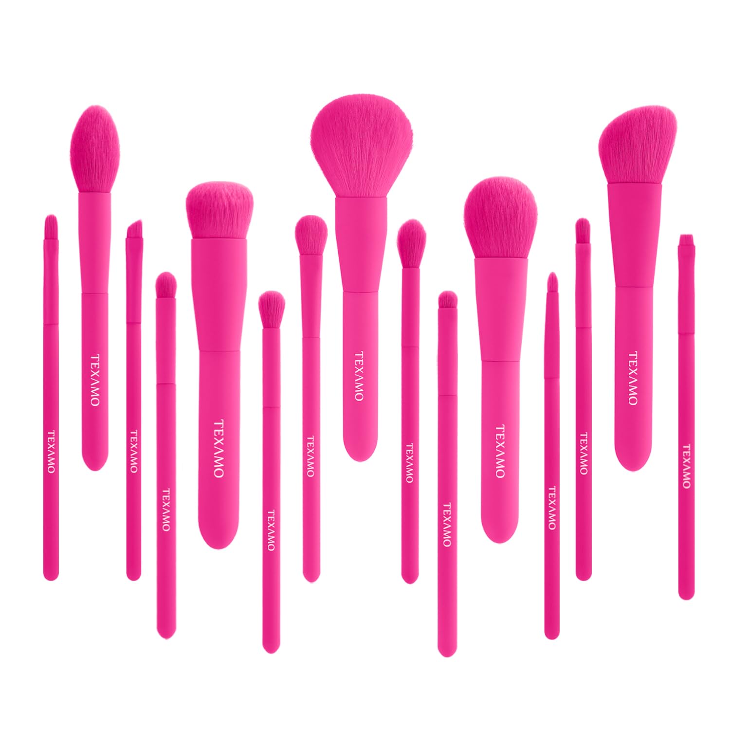 TEXAMO 15-piece makeup brush set in hot pink case, travel-ready and organized for on-the-go looks.