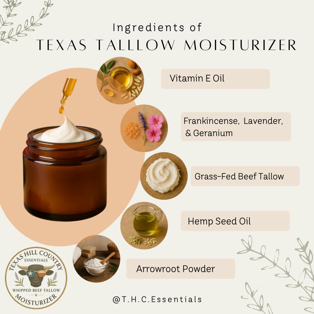 Texas Hill Country Essentials ingredients label highlights organic, grass-fed tallow for a clean base.