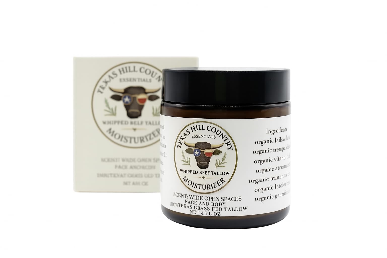 Texas Hill Country Essentials packaging display indicates small-batch USA production.