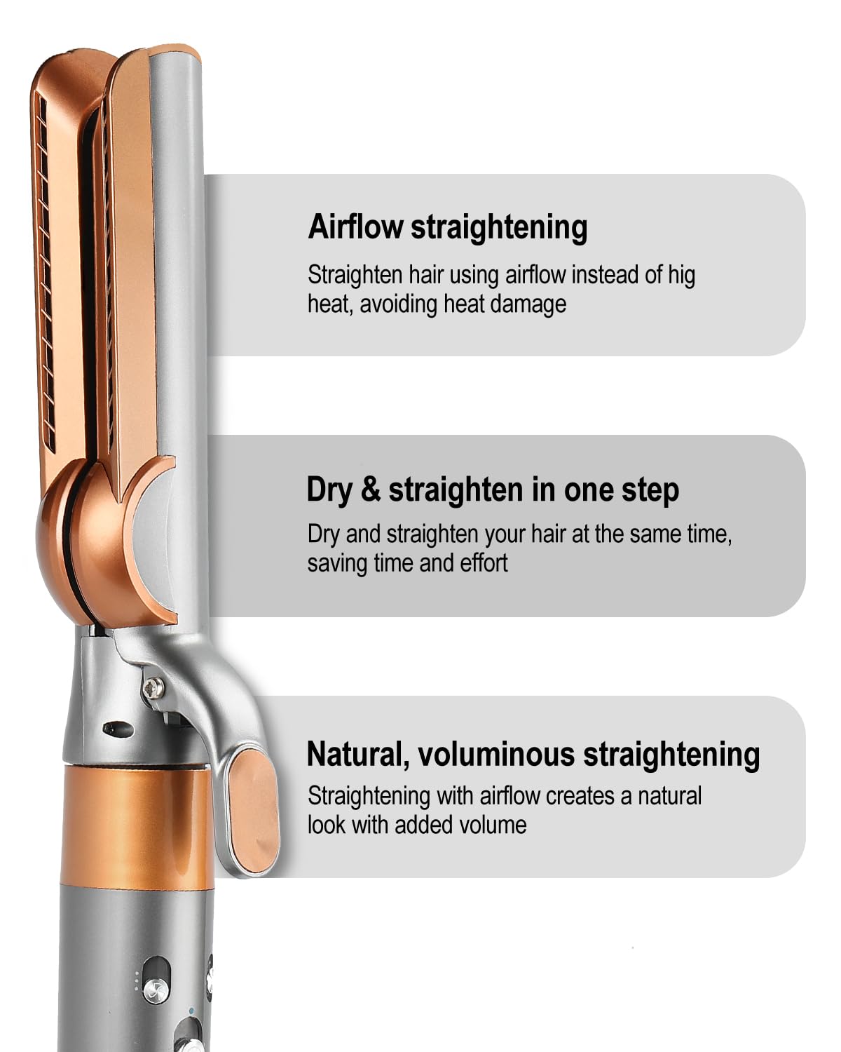 TEXOVYRAX airflow-attachment demonstrates straightening action with simultaneous drying for efficiency.