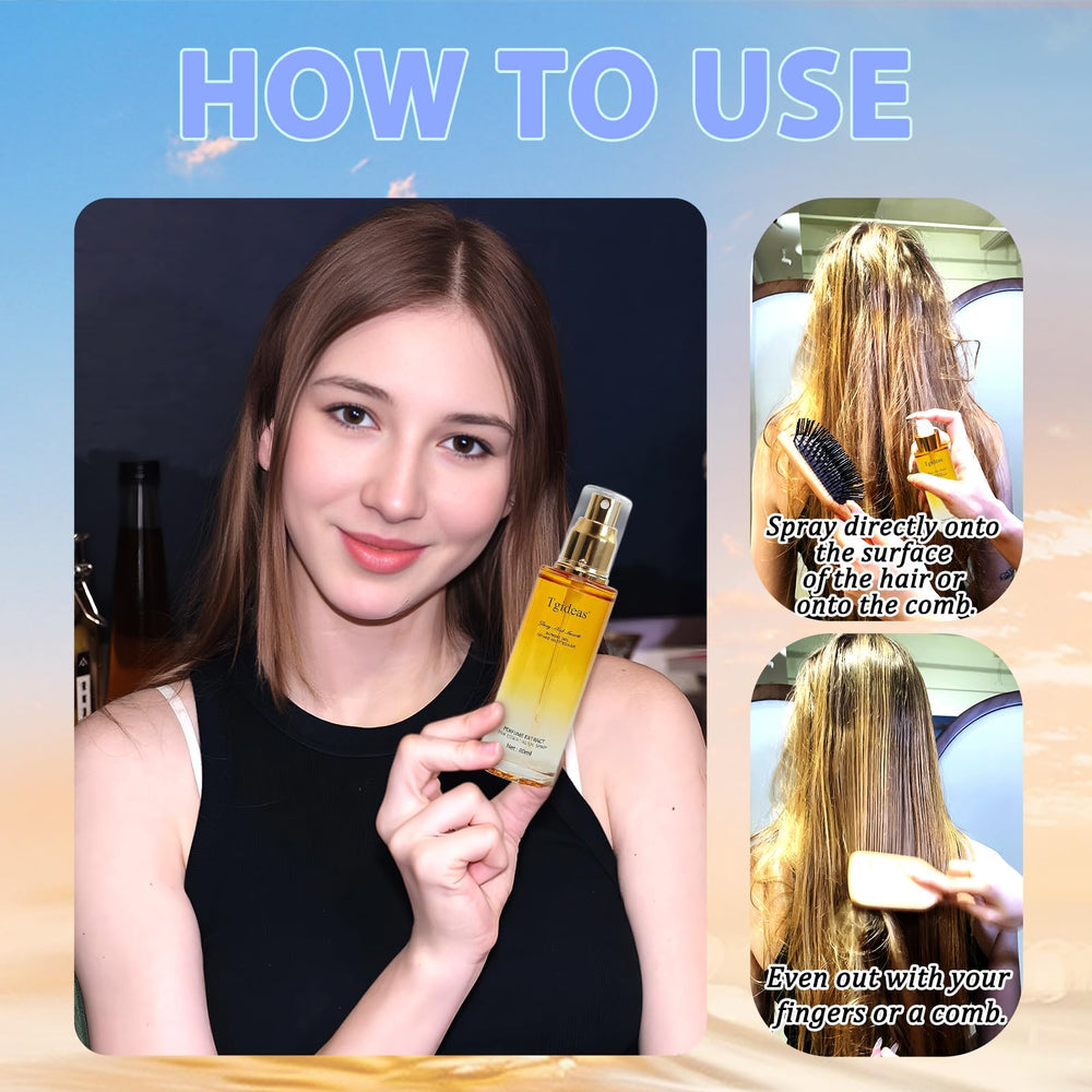 Tgideas hair oil spray highlighting lightweight nourishment and smoother texture.