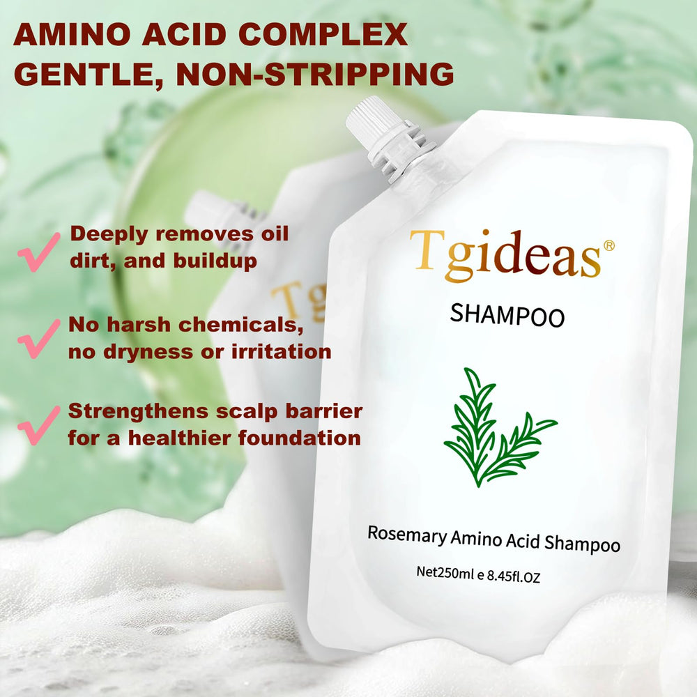 Close-up label on Tgideas Rosemary Amino Acid Shampoo with organic rosemary and zinc PCA details