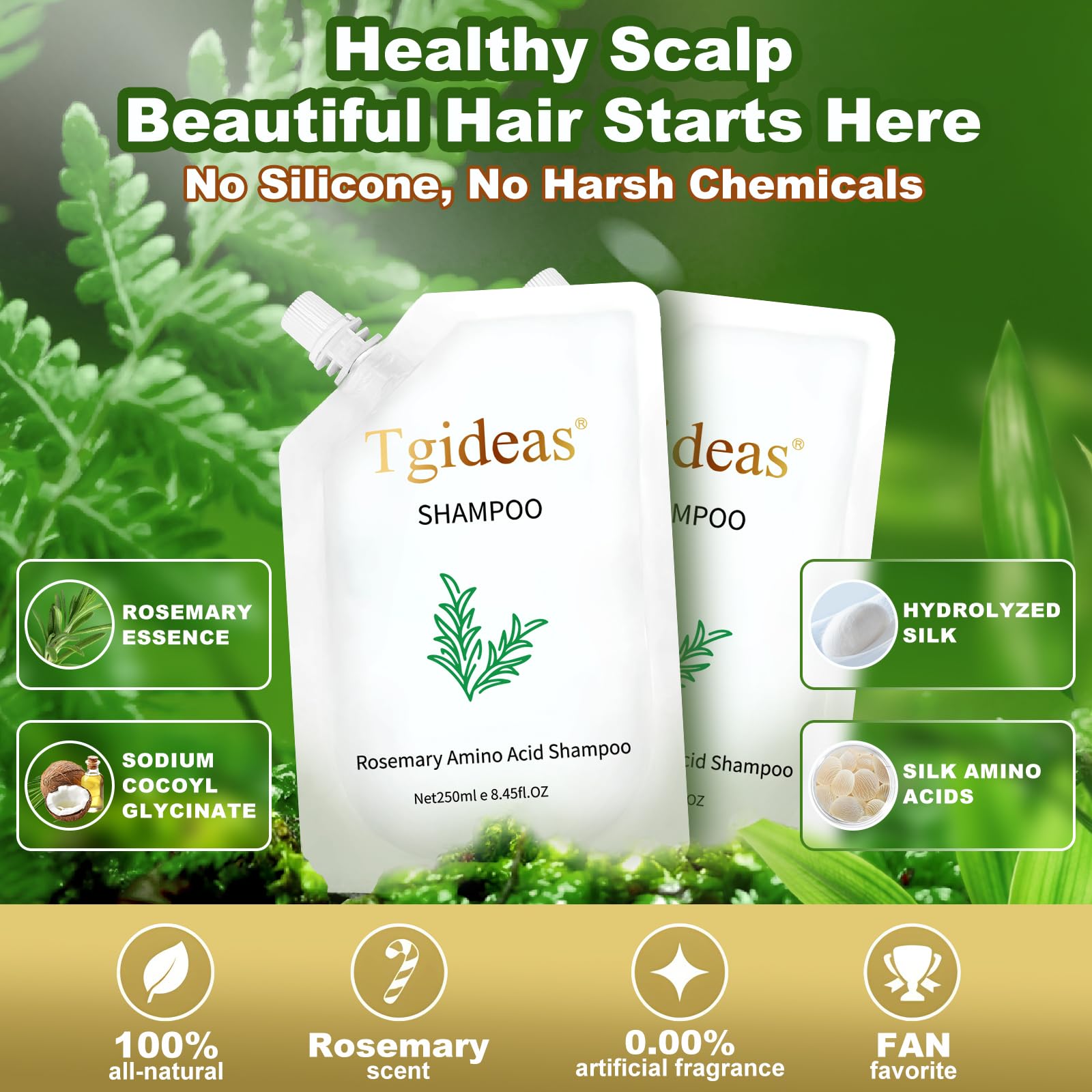 Bathroom scene with Tgideas Rosemary Amino Acid Shampoo during a routine wash