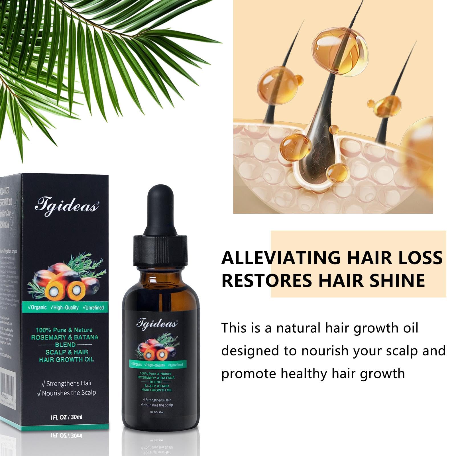 Tgideas Rosemary Batana Oil ingredients close-up highlights Batana, Rosemary and Argan oils.