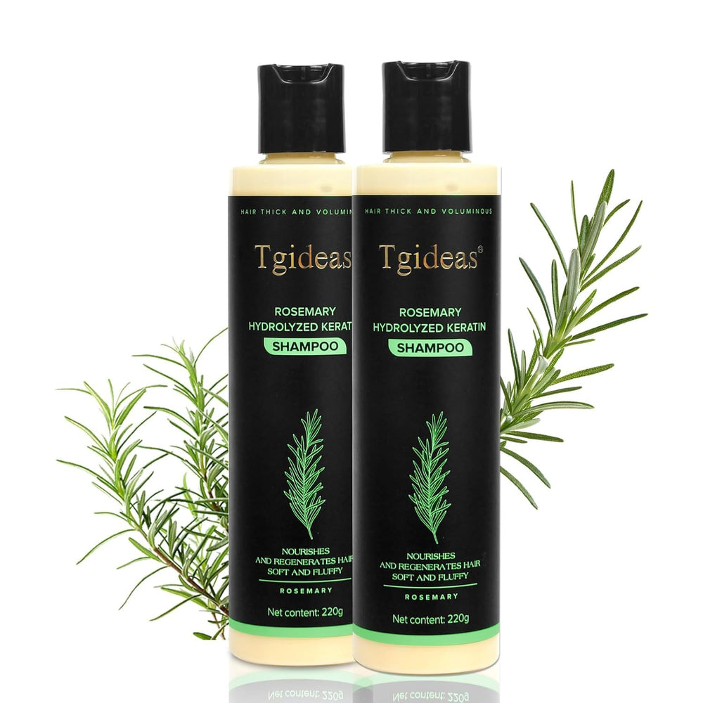 Tgideas Rosemary Biotin Shampoo bottle shows volumizing formula for thinning hair.