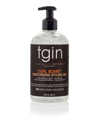 tgin Curl Bomb gel bottle pump showing easy application and frizz control.
