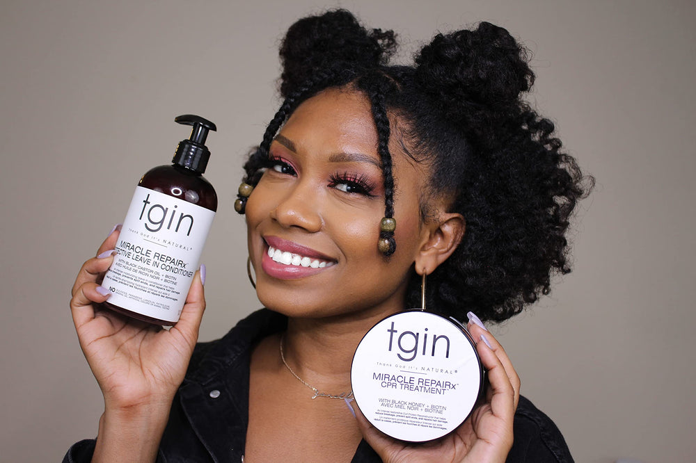 tgin curl protein reconstructor close-up shows Biotin and Black Castor Oil benefits