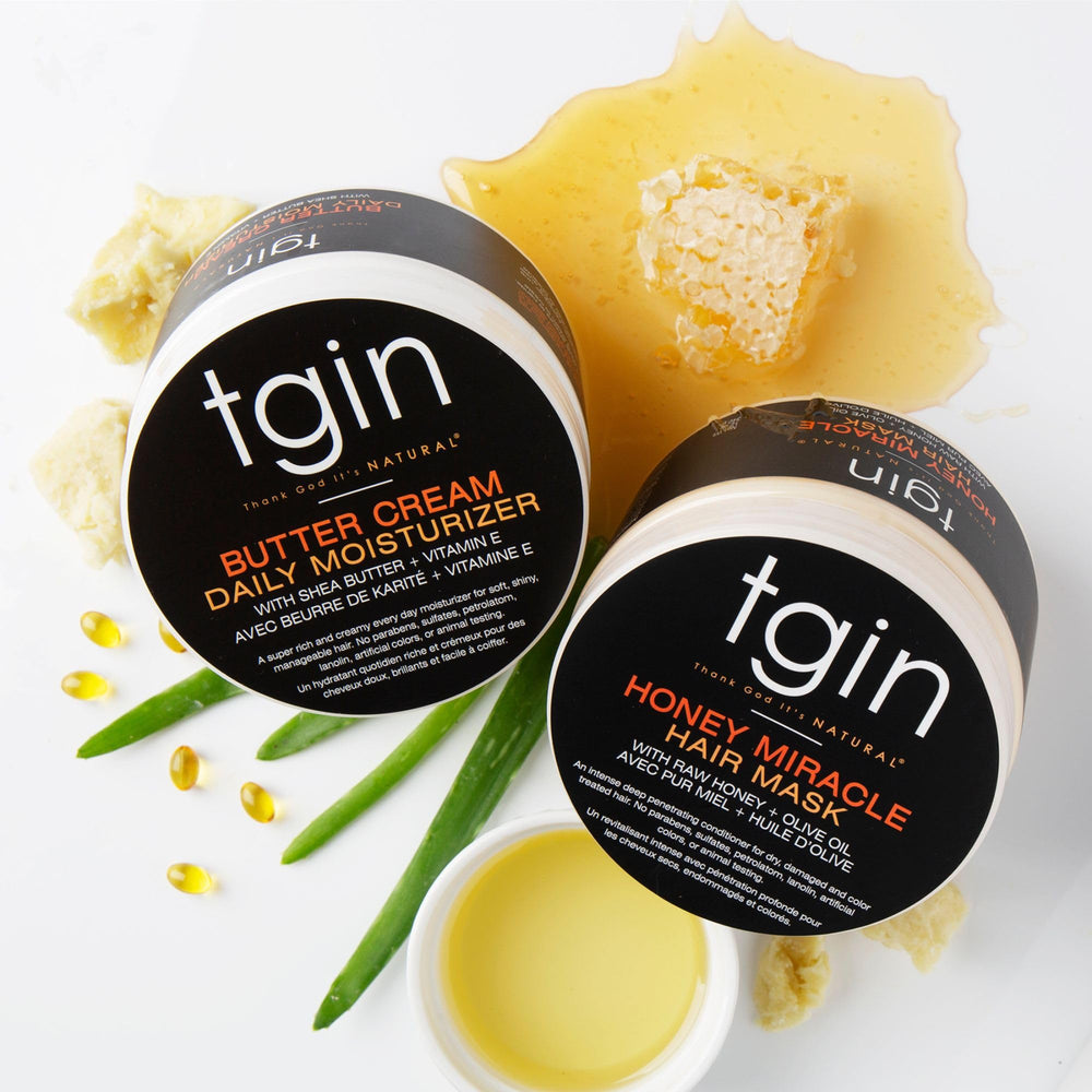 tgin Honey Miracle Hair Mask jar with honey detail signals natural ingredients