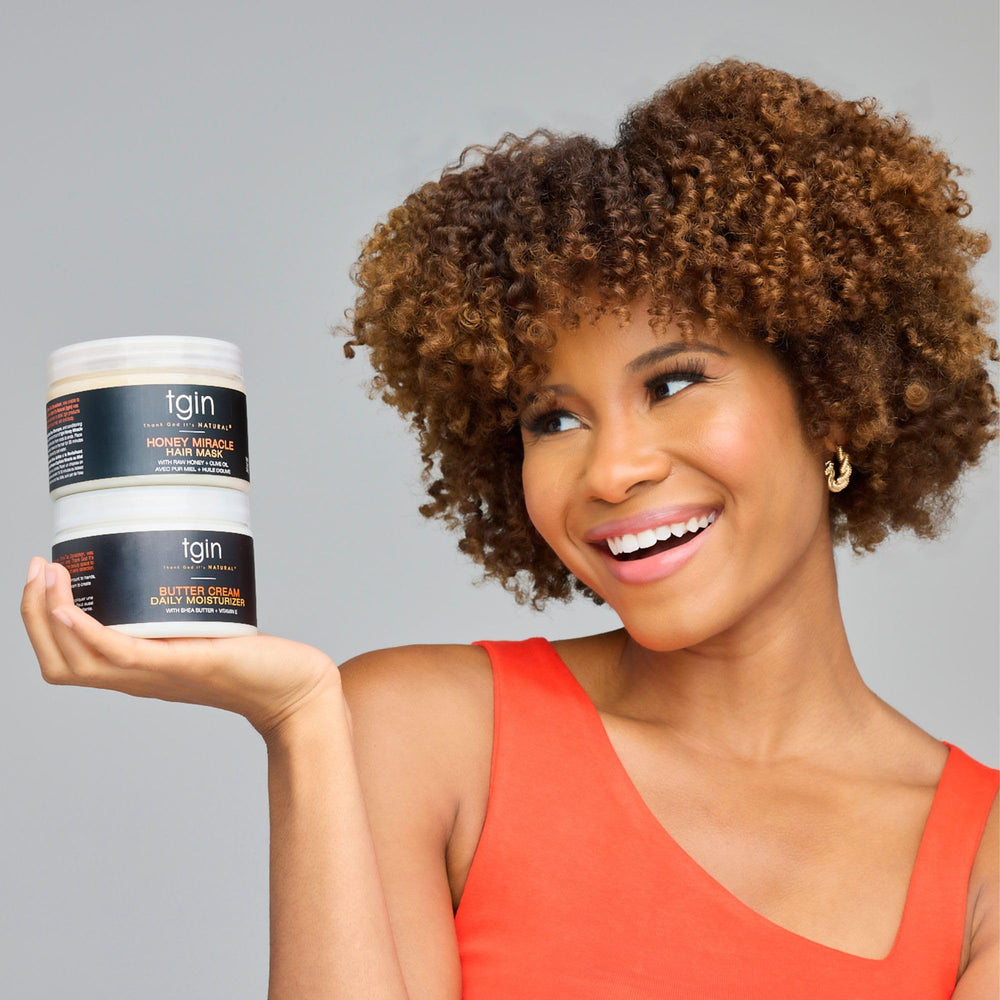 tgin Honey Miracle Hair Mask closeup on textured curls shows softness