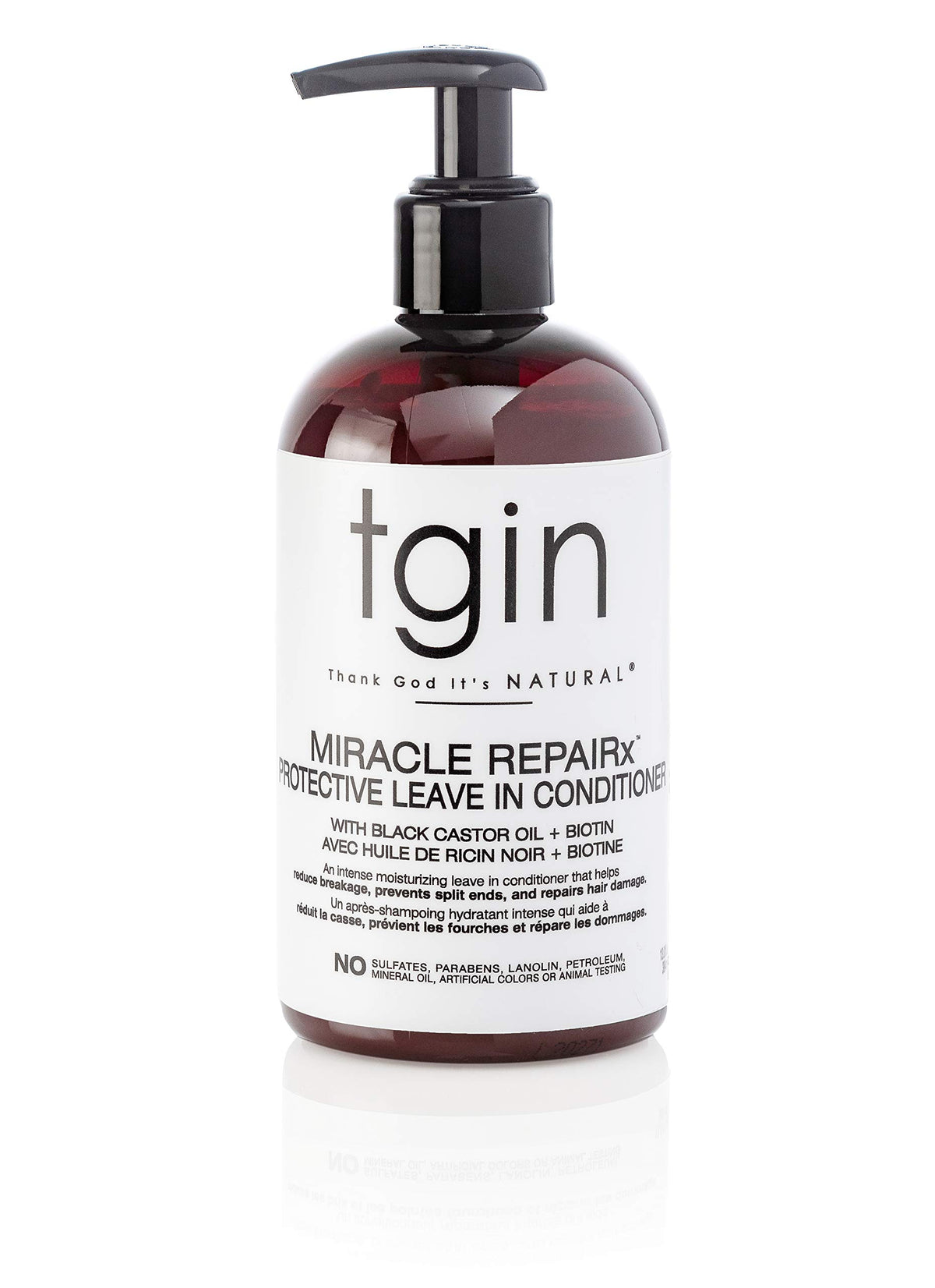tgin Miracle RepaiRx bottle front highlights protective leave-in benefits for curls