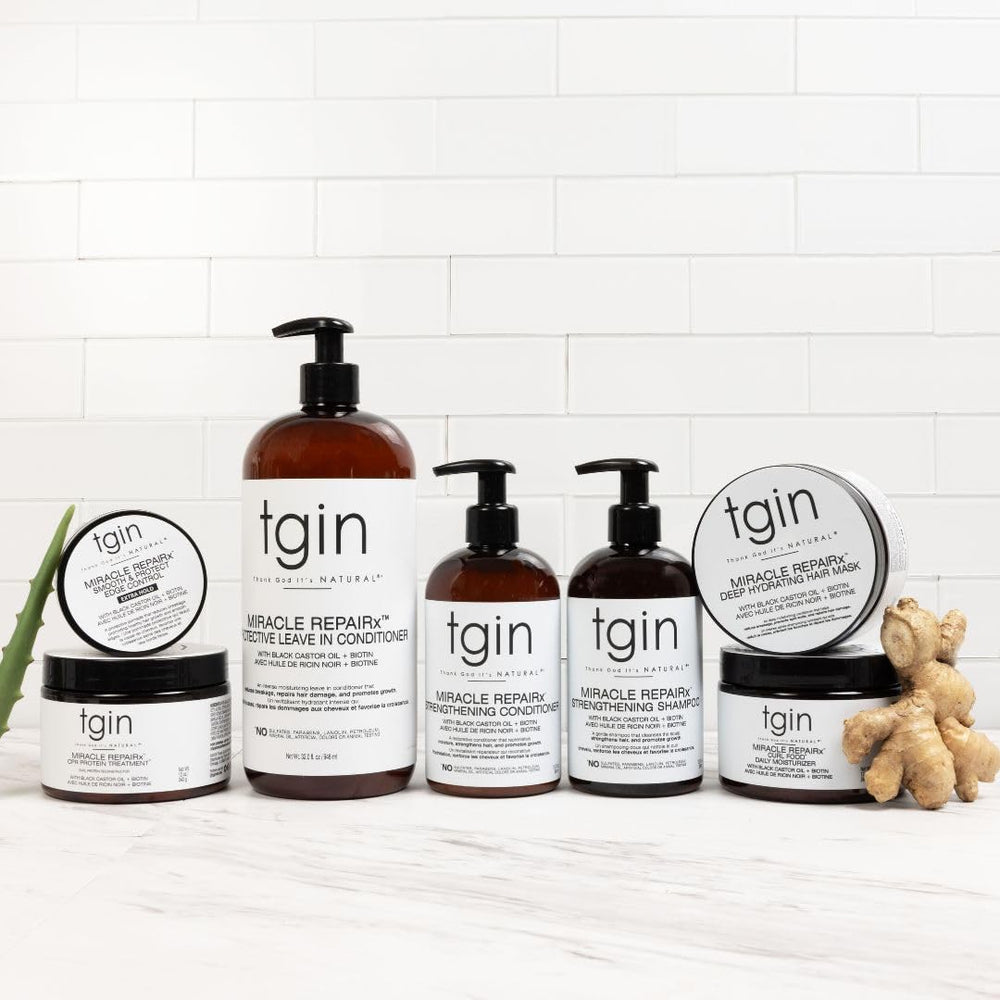 tgin Miracle RepaiRx curl food bottle on shelf indicating all-hair-types suitability