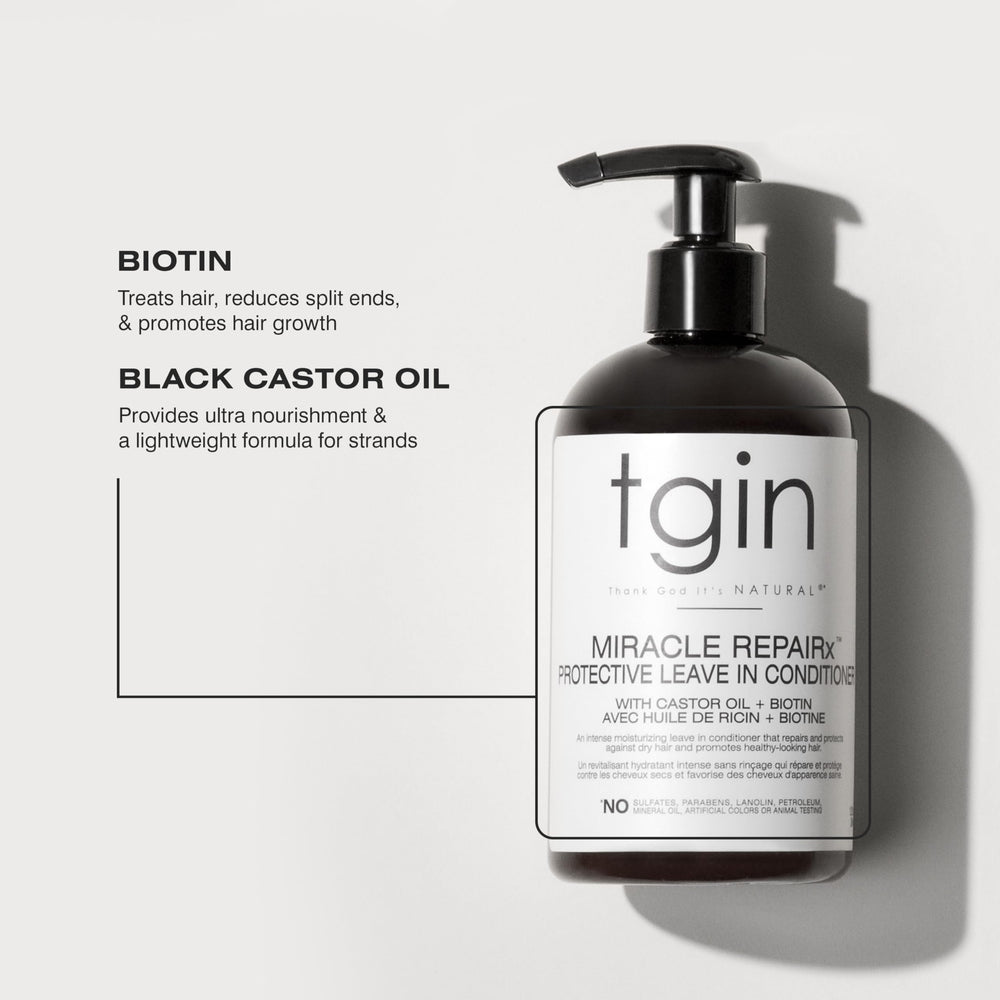 tgin Miracle RepaiRx protective leave-in packaging conveys safe, sulfate-free nourishment