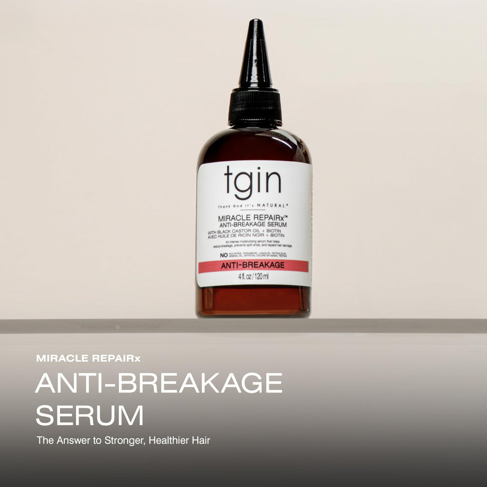 Thank God It's Natural tgin Miracle RepaiRx serum application on hair delivers frizz control