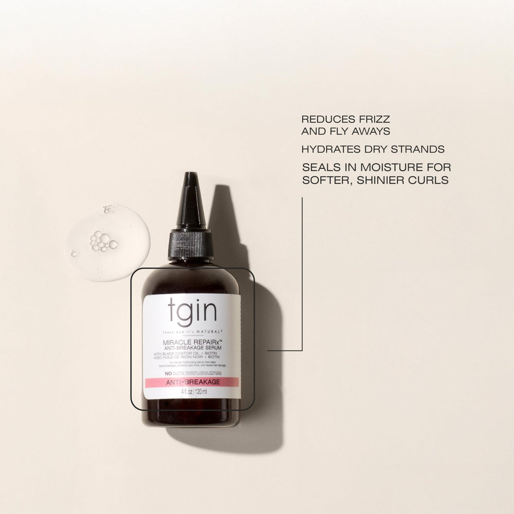 tgin Miracle RepaiRx serum on curly hair shows shiny curls with enhanced manageability
