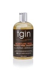 tgin Moisture Rich Shampoo bottle demonstrates gentle cleansing for dry curly hair
