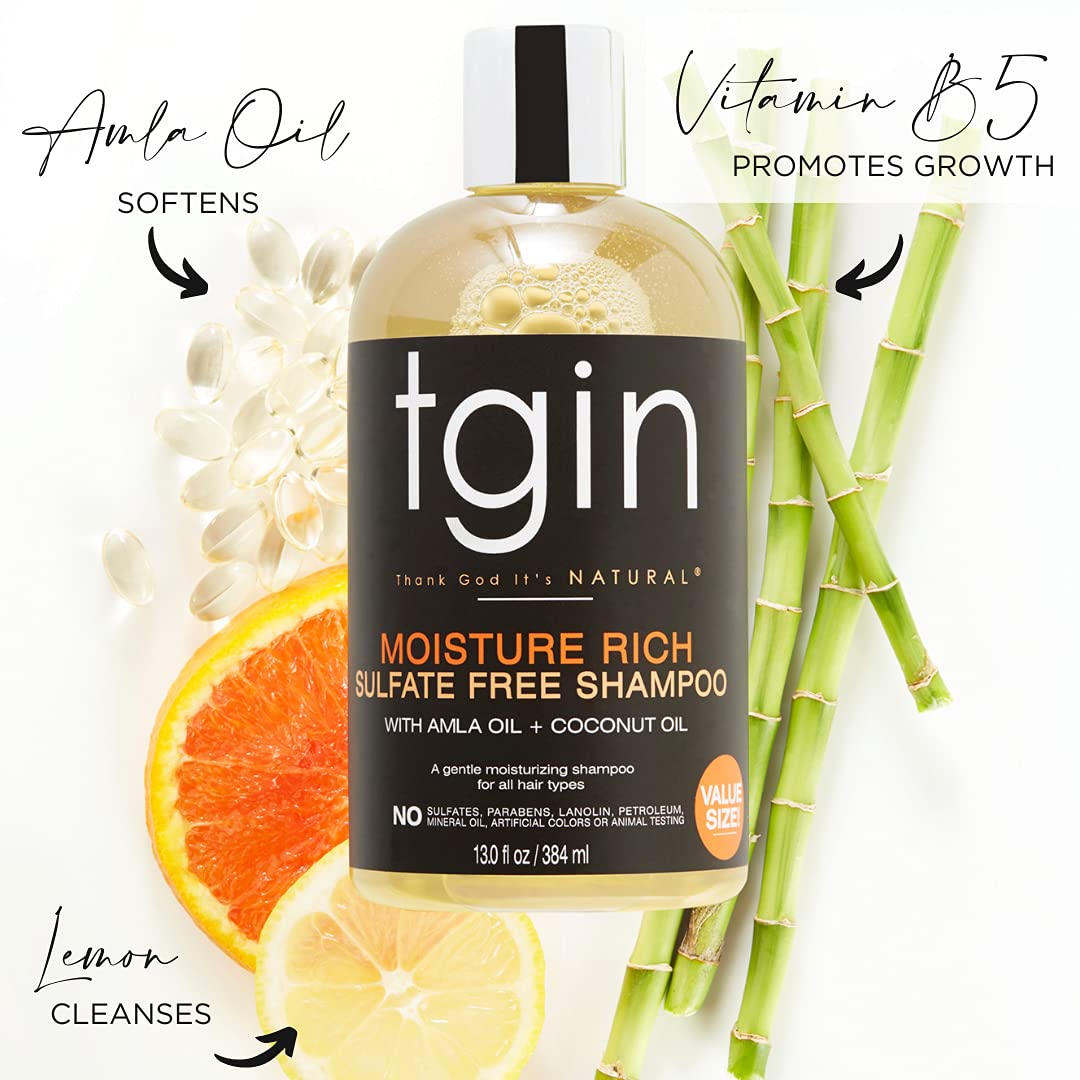 tgin Moisture Rich Shampoo pump-top shot showcases convenient routine and gentle cleansing