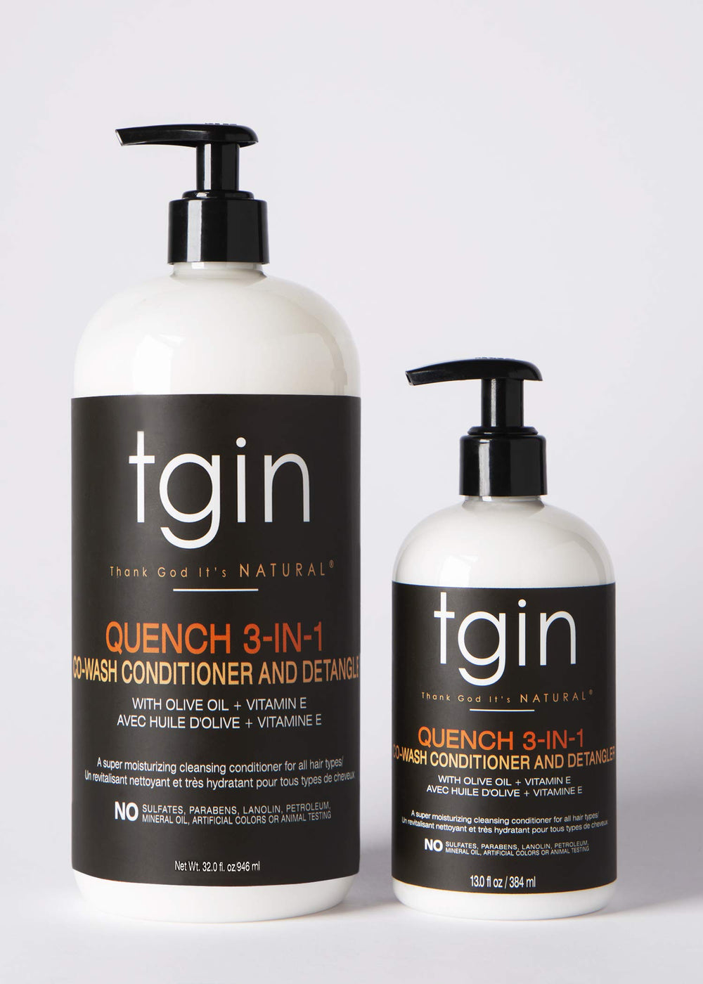 tgin Quench 3-in-1 Co-Wash label close-up shows shea butter and almond oil.